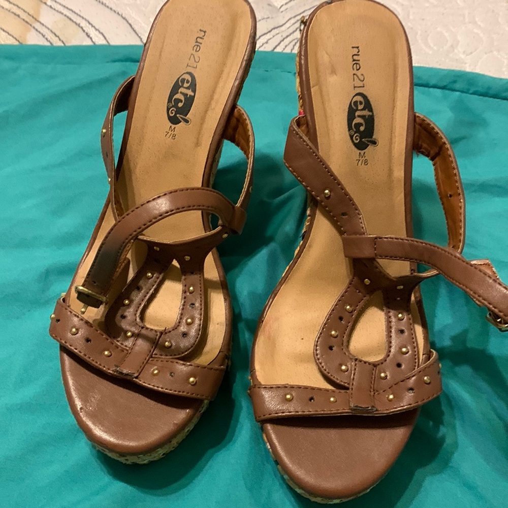 Rue 21 brown sandals with multi colored wedge heels size 7-8m.